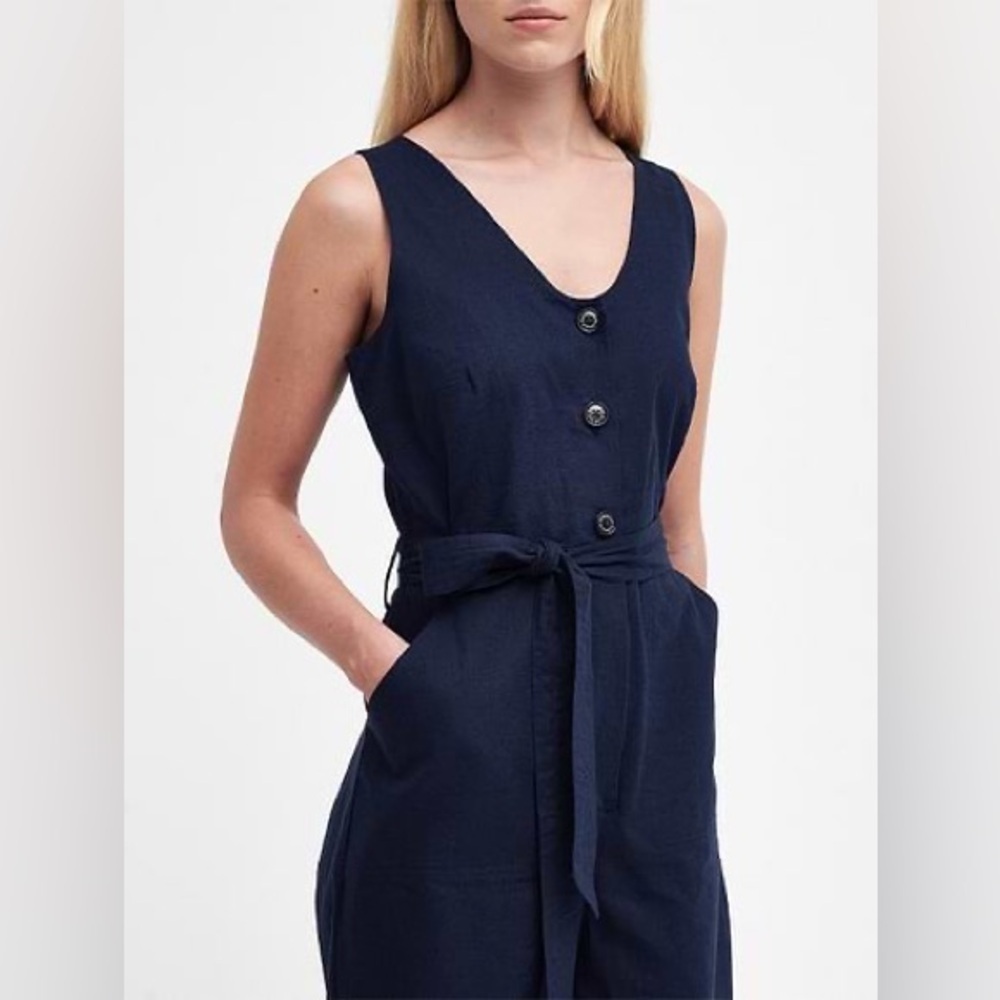 Barbour Dark Blue Penrose Button-Down Cotton/Linen Belted Jumpsuit NWT - Picture 9 of 12